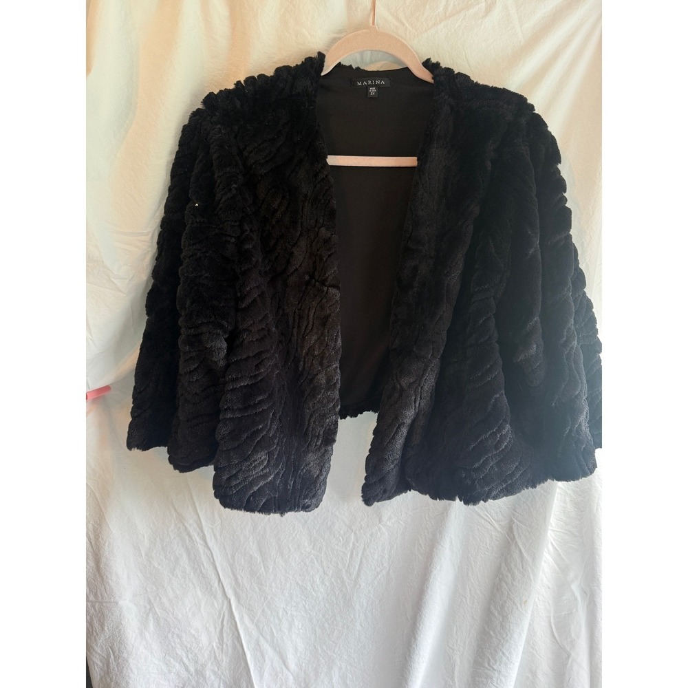 Marina Womens 2X Black Faux Fur Bolero Jacket Open Front Textured Shrug Made USA